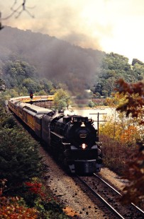 Westbound Chesapeake and Ohio Railway passenger excursion train led by steam locomotive no. 614 at Snowden, Virginia, on October 12, 1980. Photograph by John F. Bjorklund, © 2015, Center for Railroad Photography and Art. Bjorklund-34-24-08