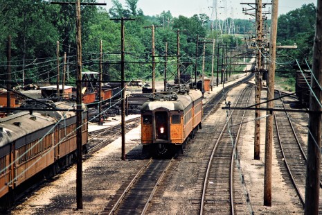 Westbound South Shore Line passenger train in Michigan City, Indiana, on May 16, 1982. Photograph by John F. Bjorklund, © 2015, Center for Railroad Photography and Art. Bjorklund-42-15-02