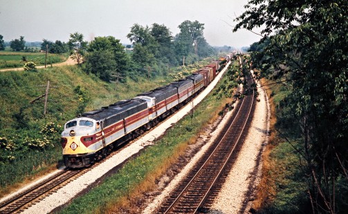 Westbound Erie Lackawanna Railway freight train near Akron, Indiana, on June 28, 1975. Photograph by John F. Bjorklund, © 2016, Center for Railroad Photography and Art. Bjorklund-54-29-02