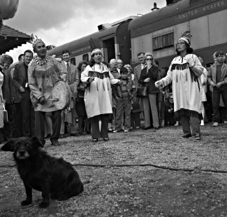 Native American performers at the station in Nenana, Alaska, for the 50th anniversary ceremony of the Alaska Railroad on July 15, 1973. Photograph by Leo King, © 2015, Center for Railroad Photography and Art. King-03-011-010