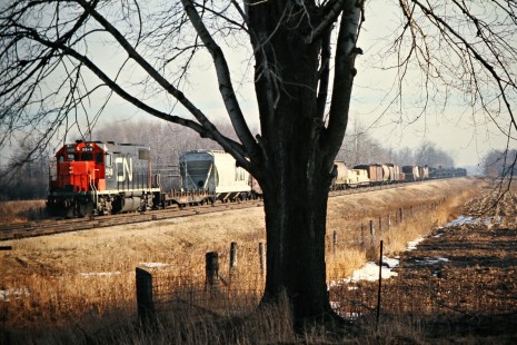Canadian National Railway freight train passing through Glenco, Ontario, on January 26, 1974. Photograph by John F. Bjorklund, © 2015, Center for Railroad Photography and Art. Bjorklund-19-18-08