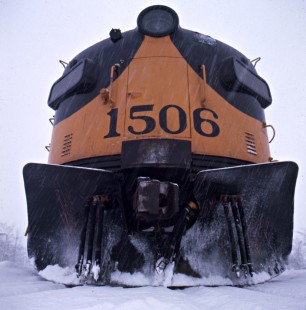 Front of Alaska Railroad EMD F7A locomotive no. 1506 during snowstorm, c. 1968. Photograph by Leo King, © 2015, Center for Railroad Photography and Art. King-02-038-002