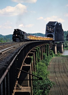 Southbound Chesapeake and Ohio Railway passenger excursion train led by stream locomotive no. 614 crossing Sciotoville Bridge near Limeville, Kentucky, on May 16, 1981. Photograph by John F. Bjorklund, © 2015, Center for Railroad Photography and Art. Bjorklund-34-30-01