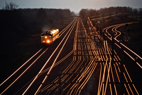 Eastbound Canadian National Railway passenger train near Hyde Park, Ontario, on November 24, 1986. Photograph by John F. Bjorklund, © 2015, Center for Railroad Photography and Art. Bjorklund-22-15-10