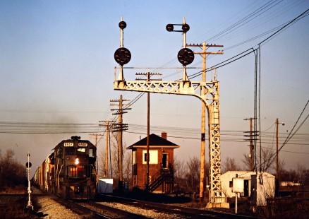 Southbound CSX Transportation freight train in Leipsie, Ohio, on January 16, 1988. Photograph by John F. Bjorklund, © 2015, Center for Railroad Photography and Art. Bjorklund-35-28-13