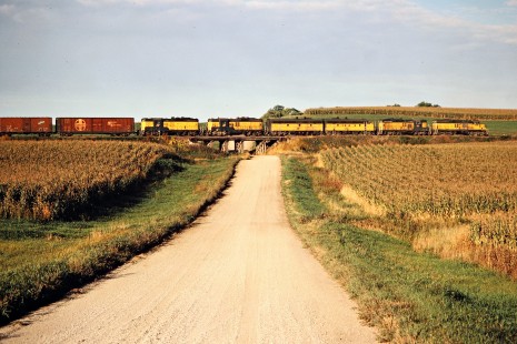 Northbound Chicago and North Western Railway freight train in Nerstrand, Minnesota, on October 7, 1979. Photograph by John F. Bjorklund, © 2015, Center for Railroad Photography and Art. Bjorklund-28-13-04