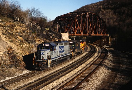 Westbound CSX Transportation freight train passing under the former Western Railway bridge in Keystone, Pennsylvania, on May 12, 1988. Photograph by John F. Bjorklund, © 2015, Center for Railroad Photography and Art. Bjorklund-35-29-13