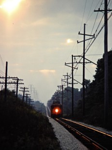 Westbound South Shore Line passenger train at Springville, Indiana, on September 7, 1981. Photograph by John F. Bjorklund, © 2015, Center for Railroad Photography and Art. Bjorklund-42-13-13
