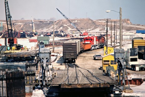 Green Bay & Western locomotives switching cars on the docks for the Chesapeake and Ohio Railway car ferry in Kewaunee, Wisconsin, on February 27, 1982. Photograph by John F. Bjorklund, © 2015, Center for Railroad Photography and Art. Bjorklund-35-09-01