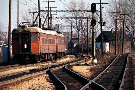 Westbound South Shore Line passenger train at Hammond, Indiana, on March 26, 1973. Photograph by John F. Bjorklund, © 2015, Center for Railroad Photography and Art. Bjorklund-42-06-13