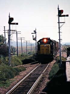 Westbound Chicago and North Western Railway freight train in California Junction, Iowa, on September 20, 1980. Photograph by John F. Bjorklund, © 2015, Center for Railroad Photography and Art. Bjorklund-28-10-06