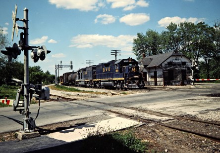 Southbound Chesapeake and Ohio Railway freight train in Fostoria, Ohio, on June 3, 1984. Photograph by John F. Bjorklund, © 2015, Center for Railroad Photography and Art. Bjorklund-35-18-03