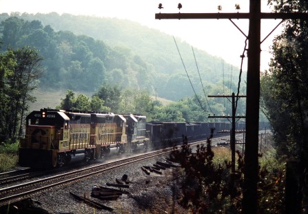 Northbound Chesapeake and Ohio Railway freight train in Omega, Ohio, on September 3, 1983. Photograph by John F. Bjorklund, © 2015, Center for Railroad Photography and Art. Bjorklund-35-16-01