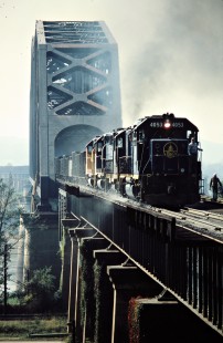 Northbound Chesapeake and Ohio Railway freight train crossing the Sciotoville Bridge in Portsmouth, Ohio, on October 1, 1982. Photograph by John F. Bjorklund, © 2015, Center for Railroad Photography and Art. Bjorklund-35-15-20