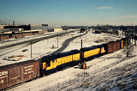 South Shore Line freight train with new GP38-2 locomotives at Hammond, Indiana, on January 17, 1981.  Photograph by John F. Bjorklund, © 2015, Center for Railroad Photography and Art. Bjorklund-42-11-11