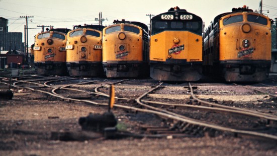 Lineup of Chicago and North Western Railway locomotives in Waukegan, Illinois, on May 26, 1975. Photograph by John F. Bjorklund, © 2015, Center for Railroad Photography and Art.  Bjorklund-24-13-04.