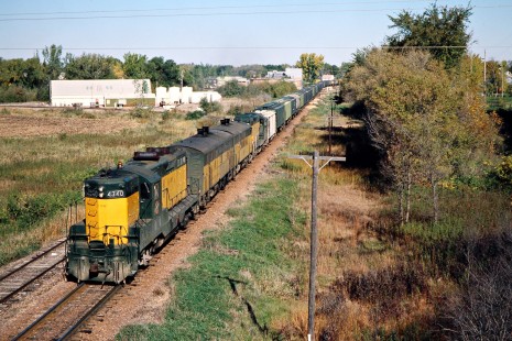 Southbound Chicago and North Western Railway freight train in Waterville, Minnesota, on October 2, 1977. Photograph by John F. Bjorklund, © 2015, Center for Railroad Photography and Art. Bjorklund-25-28-17