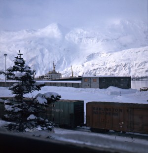 Great Northern and Burlington Northern freight cars on the Alaska Railroad at Whittier, c. 1973. Photograph by Leo King, © 2015, Center for Railroad Photography and Art. King-02-028-002