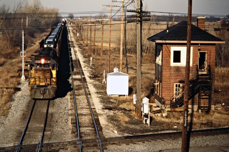 Southbound CSX Transportation freight train in Leipsic, Ohio, on January 16, 1988;. Photograph by John F. Bjorklund, © 2015, Center for Railroad Photography and Art. Bjorklund-35-28-16