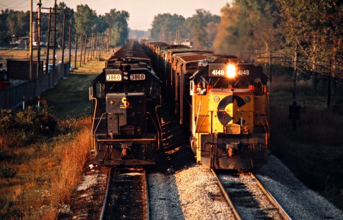 Southbound Chesapeake and Ohio Railway freight trains in Romulus, Michigan, on October 1, 1976. Photograph by John F. Bjorklund, © 2015, Center for Railroad Photography and Art. Bjorklund-33-23-20