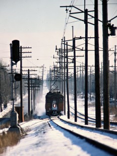 Westbound South Shore Line passenger train at Gary, Indiana, on January 17, 1981. Photograph by John F. Bjorklund, © 2015, Center for Railroad Photography and Art. Bjorklund-42-11-20