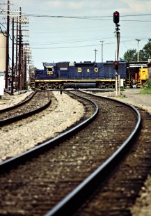 Northbound Chesapeake and Ohio Railway freight train in Fostoria, Ohio, on June 3, 1984. Photograph by John F. Bjorklund, © 2015, Center for Railroad Photography and Art. Bjorklund-35-18-02