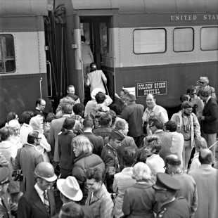 People gather for the 50th anniversary ceremony of the Alaska Railroad's golden spike in Nenana, Alaska, on July 15, 1973. Photograph by Leo King, © 2015, Center for Railroad Photography and Art. King-03-006-008