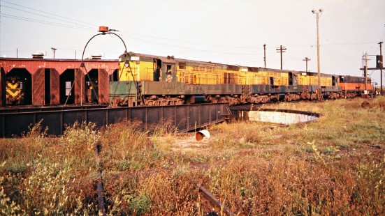 Chicago and North Western Railway Fairbanks-Morse locomotives at roundhouse in Escanaba, Michigan, on September 2, 1973. Photograph by John F. Bjorklund, © 2015, Center for Railroad Photography and Art. Bjorklund-24-06-09.