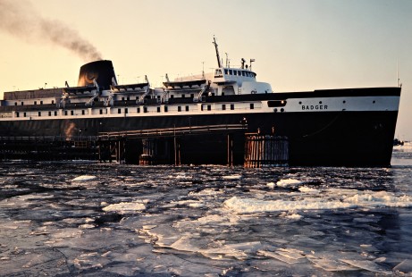 Chesapeake and Ohio Railway <i>SS Badger</i> ferry in Ludington, Michigan, on February 27, 1982. Photograph by John F. Bjorklund, © 2015, Center for Railroad Photography and Art. Bjorklund-35-09-13