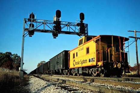 Northbound Chesapeake and Ohio Railway freight train in Morral, Ohio, on October 29, 1978. Photograph by John F. Bjorklund, © 2015, Center for Railroad Photography and Art. Bjorklund-34-18-18