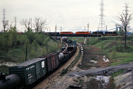 Eastbound South Shore Line freight train at Burns Harbor, Indiana, on April 23, 1977. Photograph by John F. Bjorklund, © 2015, Center for Railroad Photography and Art. Bjorklund-42-07-14