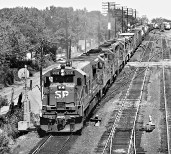 Westbound Southern Pacific Railroad freight train departs East Yard in San Antonio, Texas, behind six locomotives in August 1966. Photograph by J. Parker Lamb, © 2016, Center for Railroad Photography and Art. Lamb-02-049-01