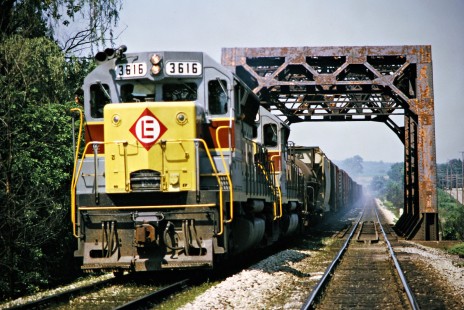 Eastbound Erie Lackawanna Railway freight train crossing the Black Fork of the Mohican River near Pavonia, Ohio, on June 10, 1973. Photograph by John F. Bjorklund, © 2016, Center for Railroad Photography and Art. Bjorklund-54-20-22