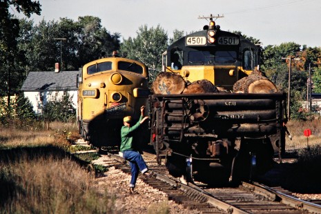 Northbound Chicago and North Western Railway freight train in Waterville, Minnesota, on October 6, 1979. Photograph by John F. Bjorklund, © 2015, Center for Railroad Photography and Art. Bjorklund-26-17-09