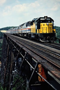 Eastbound Amtrak passenger train on the Chicago and North Western Railway crossing the Kate Shelley Bridge near Boone, Iowa, on July 6, 1981. Photograph by John F. Bjorklund, © 2015, Center for Railroad Photography and Art. Bjorklund-28-14-06