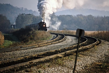 Ohio Central Railroad passenger train led by former Canadian Pacific Railway steam locomotive no. 1293 at Morgan Run, Ohio, on October 19, 2003. Photograph by John F. Bjorklund, © 2016, Center for Railroad Photography and Art. Bjorklund-78-16-12
