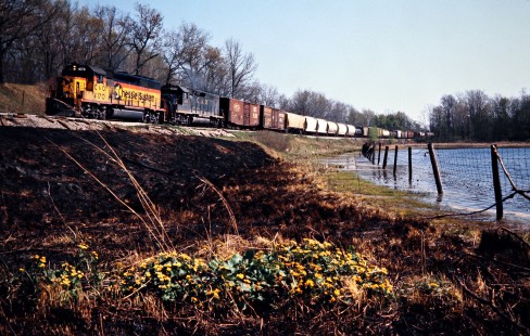 Northbound Chesapeake and Ohio Railway freight train in Clyde, Michigan, on April 30, 1977. Photograph by John F. Bjorklund, © 2015, Center for Railroad Photography and Art. Bjorklund-33-29-16
