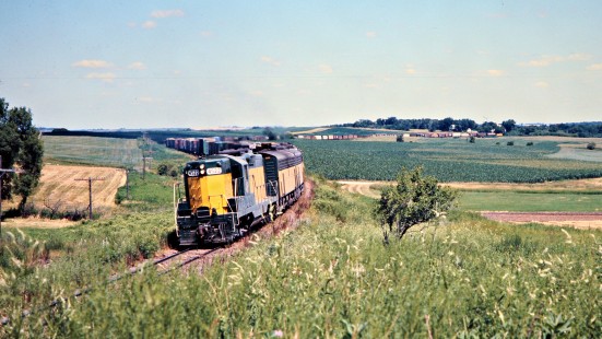 Southbound Chicago and North Western Railway freight train in Nerstrand, Minnesota, on July 17, 1976. Photograph by John F. Bjorklund, © 2015, Center for Railroad Photography and Art. Bjorklund-28-16-18