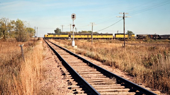 Northbound Chicago and North Western Railway freight train crossing the Milwaukee Road in Taopi, Minnesota, on October 19, 1978. Photograph by John F. Bjorklund, © 2015, Center for Railroad Photography and Art. Bjorklund-26-09-23