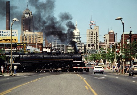 Westbound Chesapeake and Ohio Railway steam locomotive no. 614 passing through Lansing, Michigan, on May 31, 1981. Photograph by John F. Bjorklund, © 2015, Center for Railroad Photography and Art. Bjorklund-35-04-22