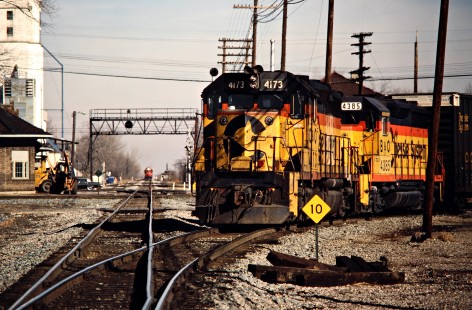 Southbound CSX Transportation in Deshler, Ohio, on January 16, 1988, with a Soo Line train in the distance. Photograph by John F. Bjorklund, © 2015, Center for Railroad Photography and Art. Bjorklund-35-27-11