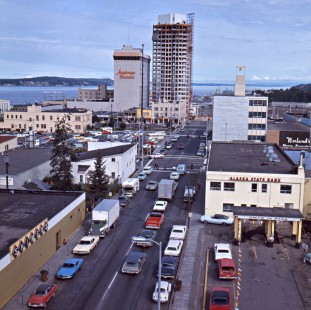 View of downtown Anchorage, Alaska, in c. 1968. Photograph by Leo King, © 2015, Center for Railroad Photography and Art. King-02-008-005