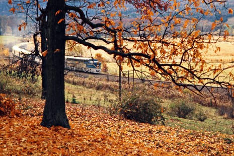 Northbound Delaware and Hudson Railway passenger train passing through Damascus, New York, on October 19, 1974. Photograph by John F. Bjorklund, © 2015, Center for Railroad Photography and Art. Bjorklund-18-15-22