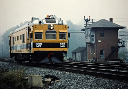 Westbound Sperry Rail Service detector car no. 143 along Chesapeake & Ohio tracks in Kenova, West Virginia, on October 1, 1982. Photograph by John F. Bjorklund, © 2015, Center for Railroad Photography and Art. Bjorklund-35-14-08