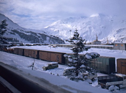 Great Northern and Burlington Northern boxcars on the Alaska Railroad at Whittier, c. 1973. Photograph by Leo King, © 2015, Center for Railroad Photography and Art. King-02-030-008
