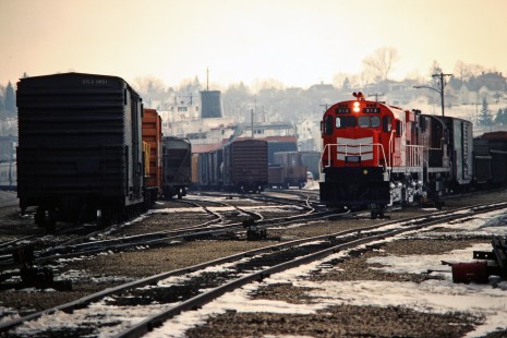 Green Bay and Western Railroad freight train in Kewaunee, Wisconsin, on February 28, 1982. Photograph by John F. Bjorklund, © 2015, Center for Railroad Photography and Art. Bjorklund-43-08-20