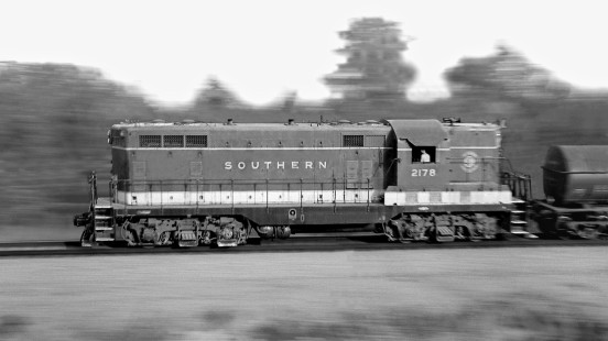 Like most roads, Southern Railway ran GP-series locomotives on local trains in both directions. Here no. 2178 races southward toward Meridian, Mississippi, on an afternoon in July 1965. Photograph by J. Parker Lamb, © 2016, Center for Railroad Photography and Art. Lamb-01-110-01