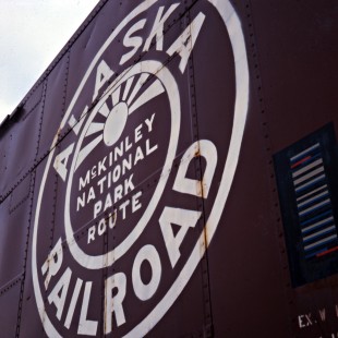 Close-up of Alaska Railroad logo, McKinley National Park Route in c. 1973. Photograph by Leo King, © 2015, Center for Railroad Photography and Art. King-02-029-006