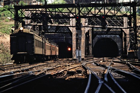 Westbound Conrail (ex-Erie Lackawanna) commuter passenger train in Hoboken, New Jersey, on May 8, 1981. Photograph by John F. Bjorklund, © 2015, Center for Railroad Photography and Art. Bjorklund-57-15-11