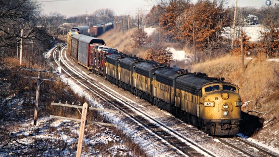 Eastbound Chicago and North Western Railway freight train in Crystal Lake, Illinois, on January 26, 1980. Photograph by John F. Bjorklund, © 2015, Center for Railroad Photography and Art. Bjorklund-28-11-14